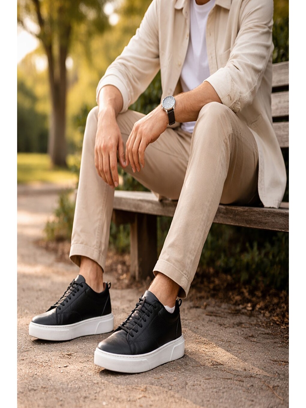 Siyah LEONS Hakiki Deri Erkek Kalın Taban Bağcıklı Günlük Casual Sneaker-6