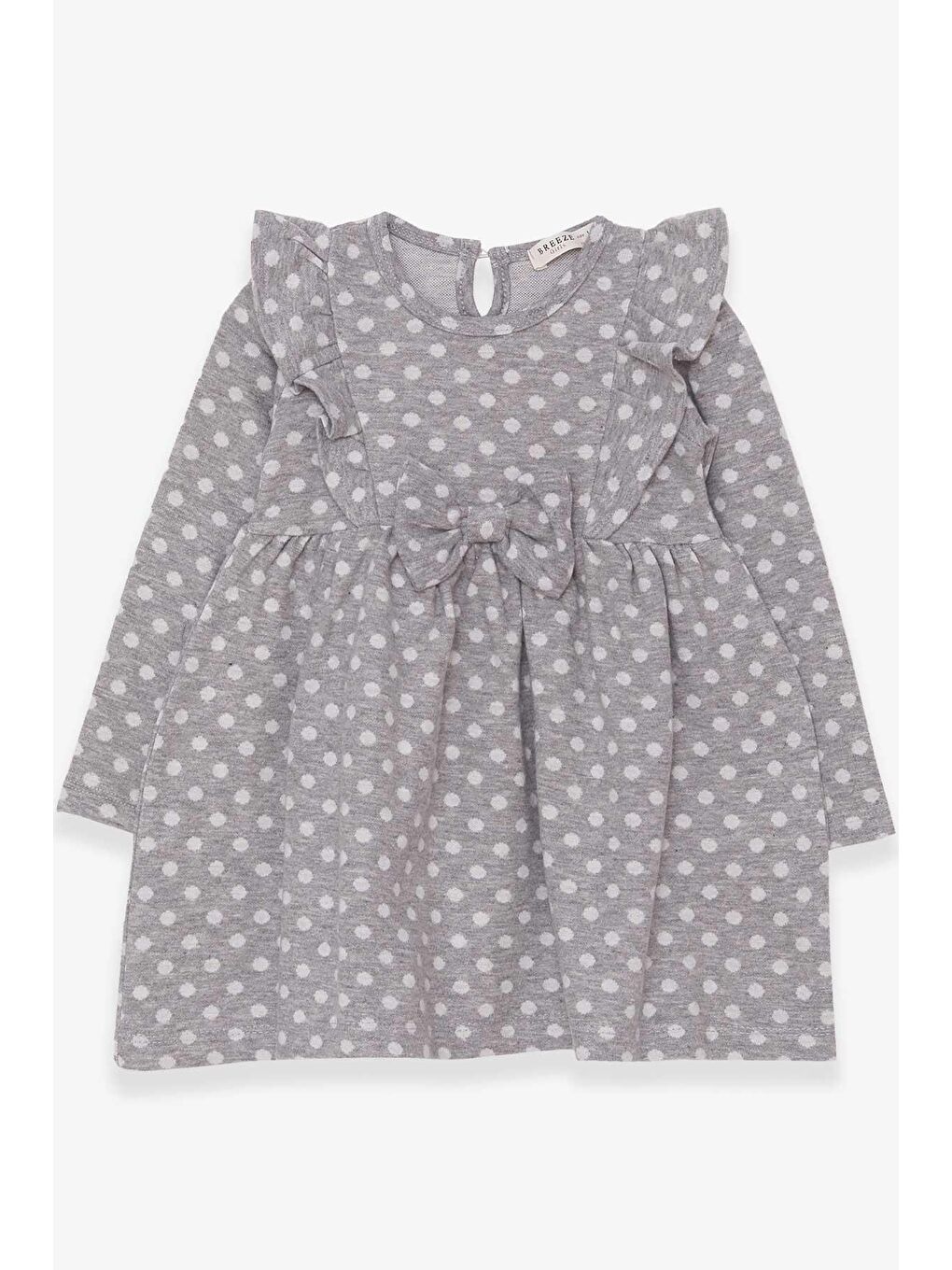 Kız Çocuk Uzun Kollu Elbise Puantiyeli Fiyonklu Açık Gri Melanj (1.5-5 Yaş)