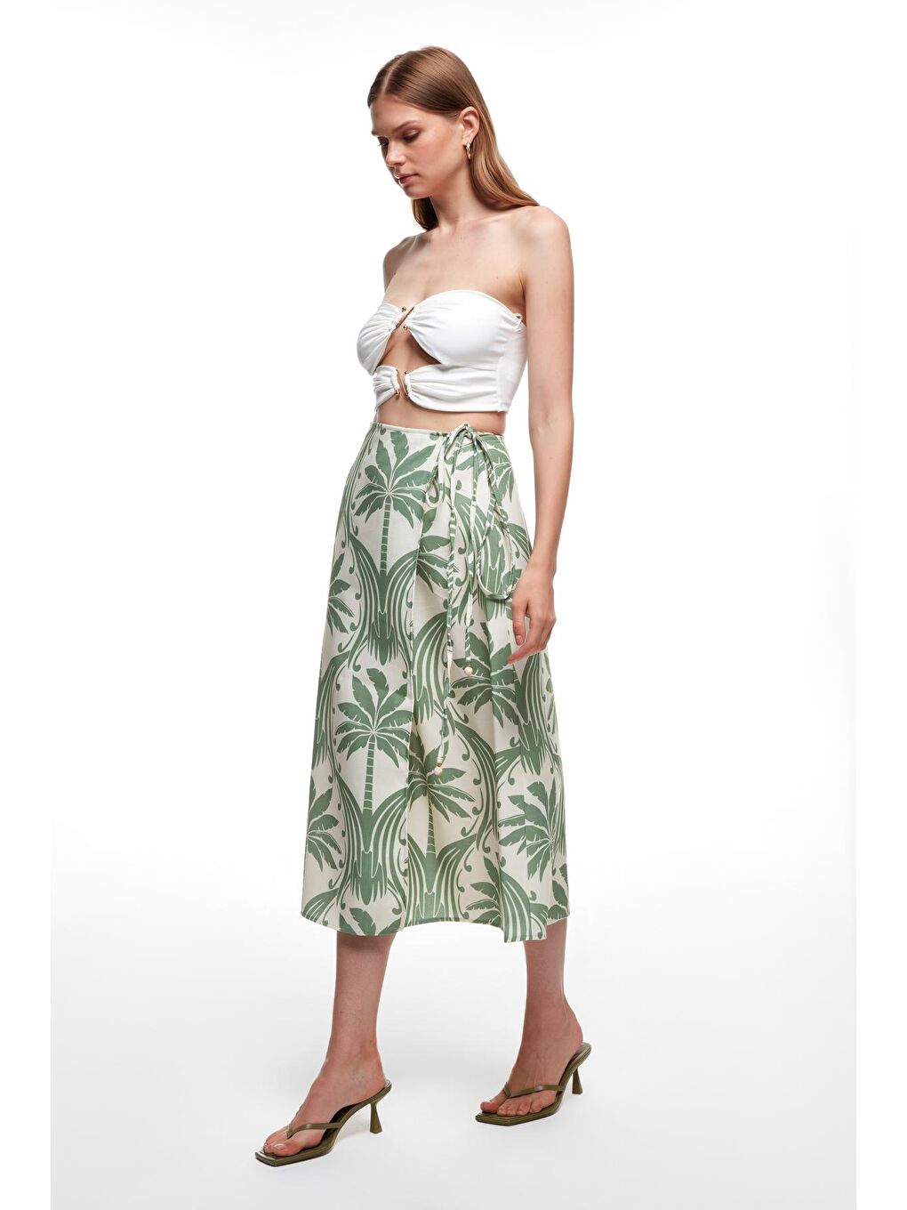 Bağlama Detaylı Desenli Midi Etek Yeşil