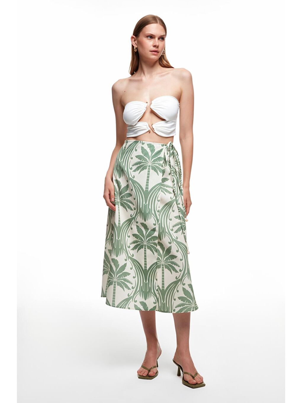 Bağlama Detaylı Desenli Midi Etek Yeşil-2