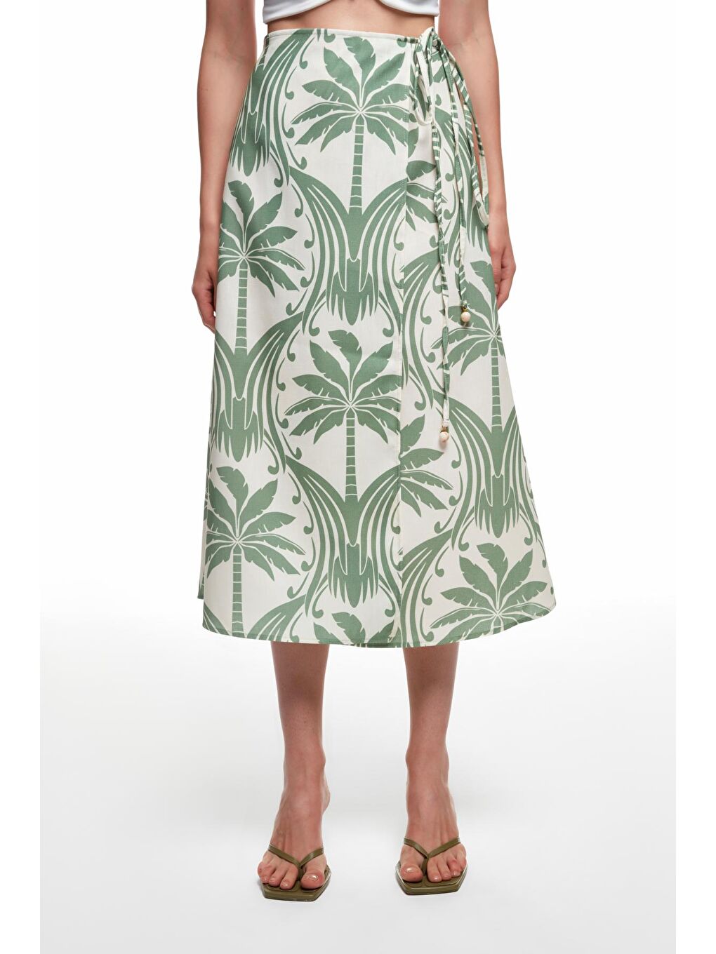 Bağlama Detaylı Desenli Midi Etek Yeşil-3