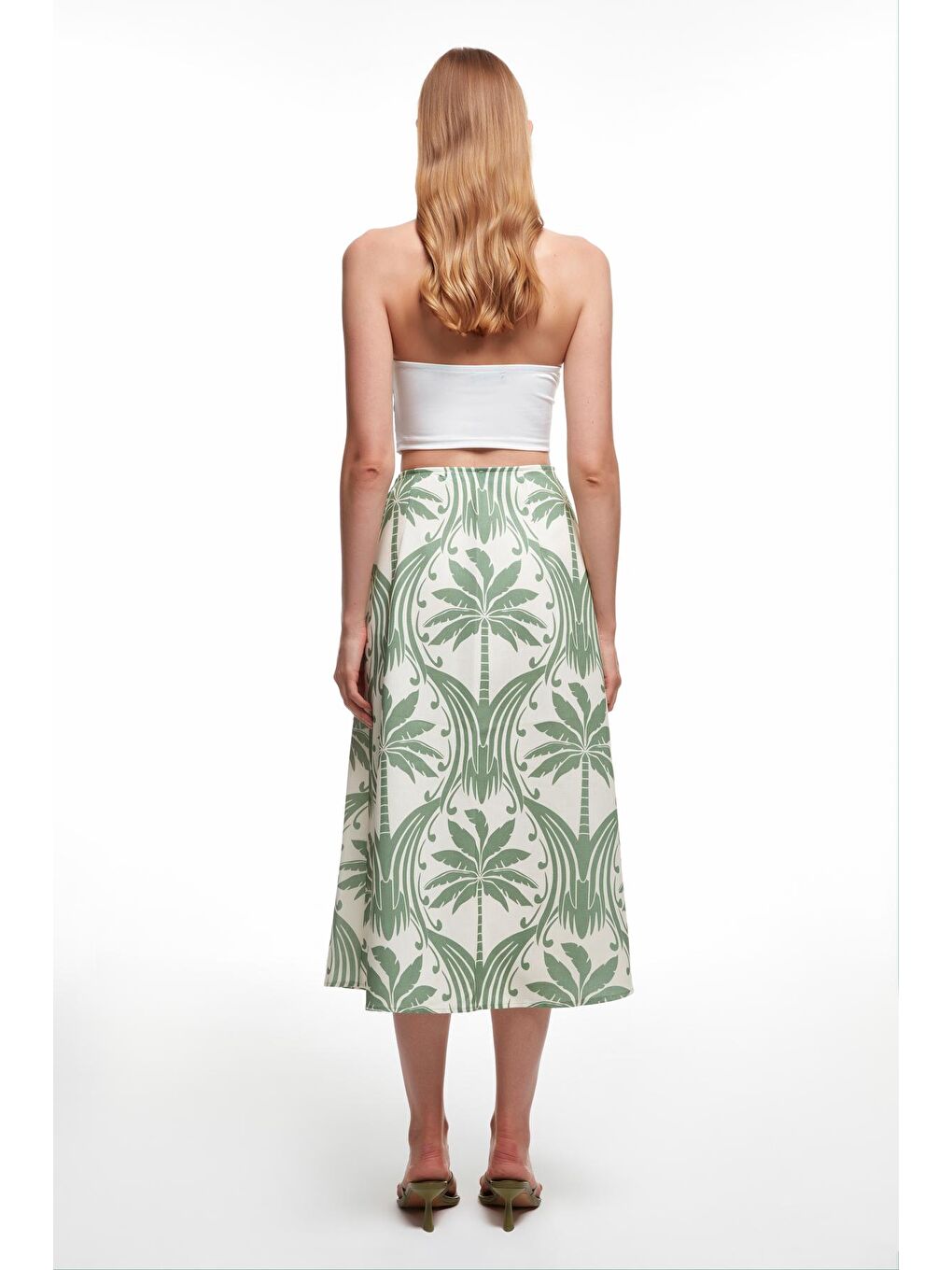 Bağlama Detaylı Desenli Midi Etek Yeşil-4