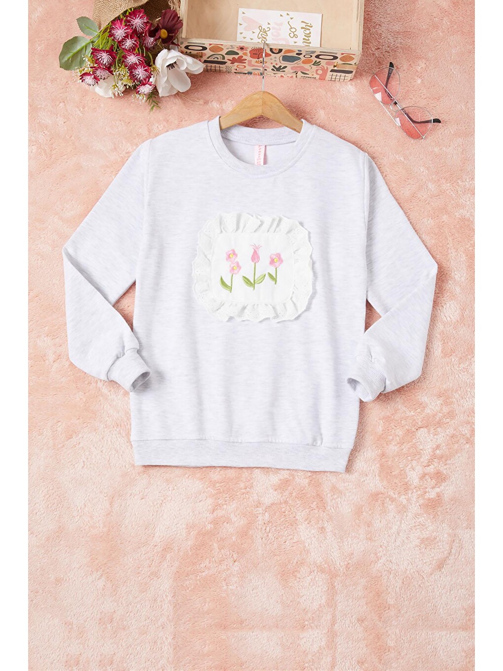 Gri Dantelli Lale Nakışlı Kız Çocuk Sweatshirt 16770