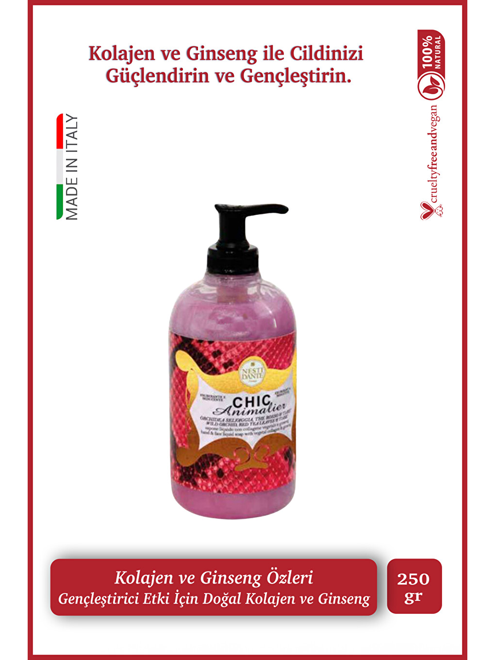 Chic Animalier Red Pyton Sıvı Sabun 500 ml | Kolajen ve Ginseng | Antiaging | El ve Vücut Sabunu