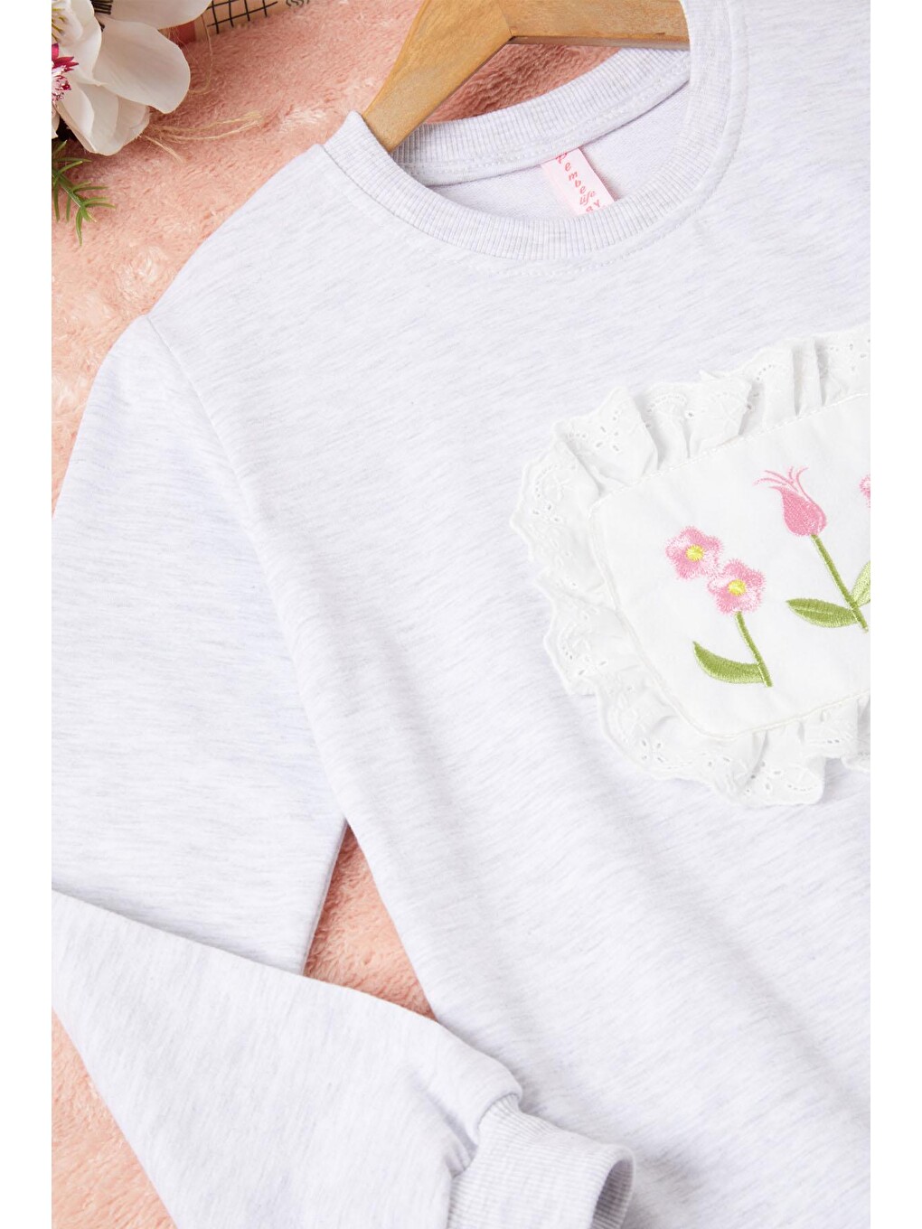 Gri Dantelli Lale Nakışlı Kız Çocuk Sweatshirt 16770-2