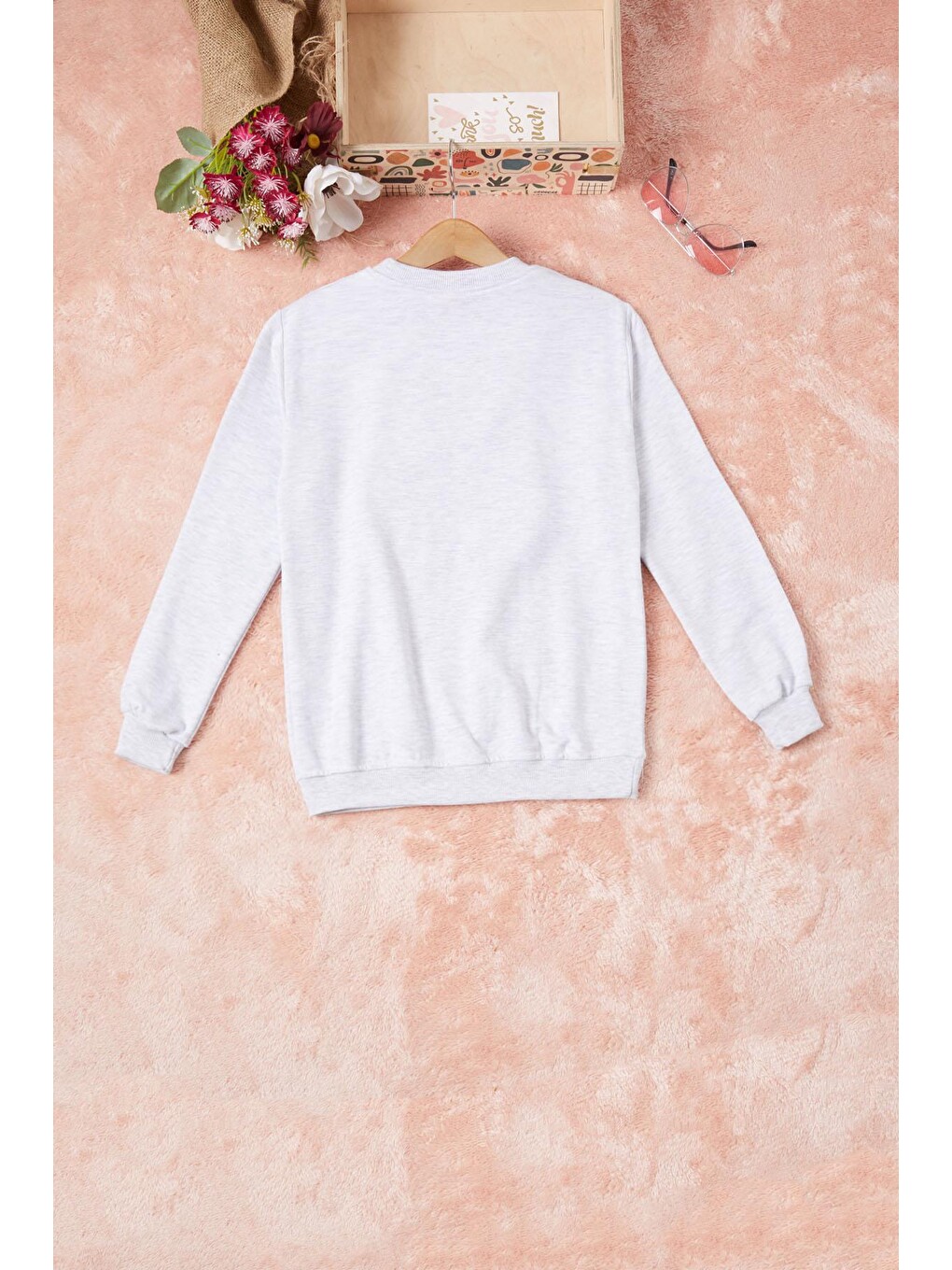 Gri Dantelli Lale Nakışlı Kız Çocuk Sweatshirt 16770-3