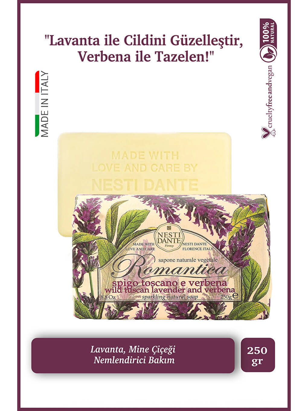 Romantica Wild Tuscan Lavender Verbena Katı Sabun 250 gr Lavanta ve Mine|Nemlendirici |Banyo Sabunu