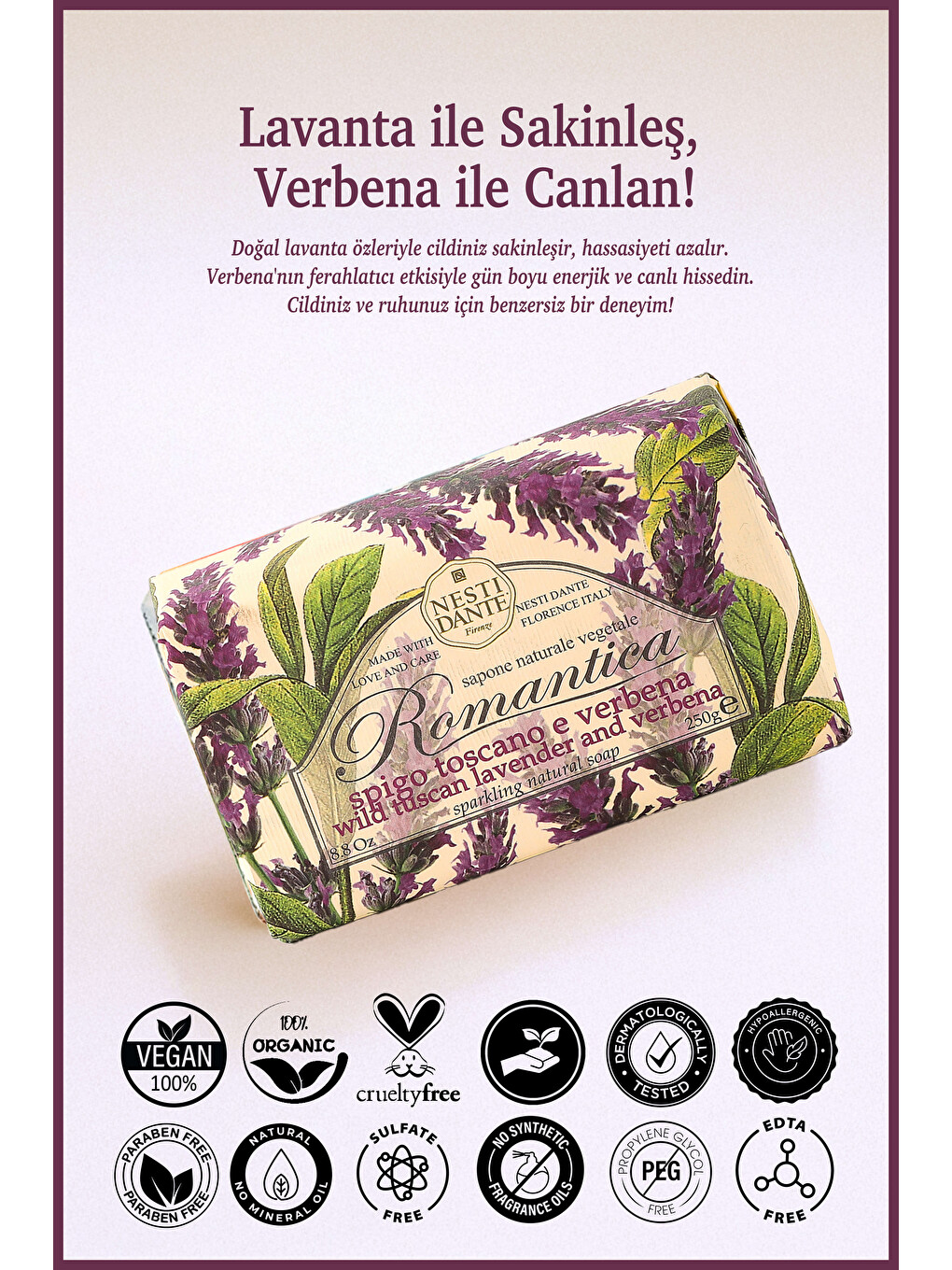 Romantica Wild Tuscan Lavender Verbena Katı Sabun 250 gr Lavanta ve Mine|Nemlendirici |Banyo Sabunu-1
