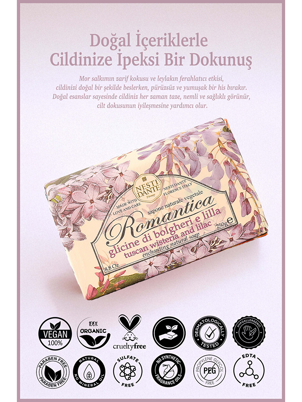 Romantica Tuscan Wisteria Lilac Katı Sabun 250 gr | Leylak ve Salkım | Nemlendirici | Banyo Sabunu-1