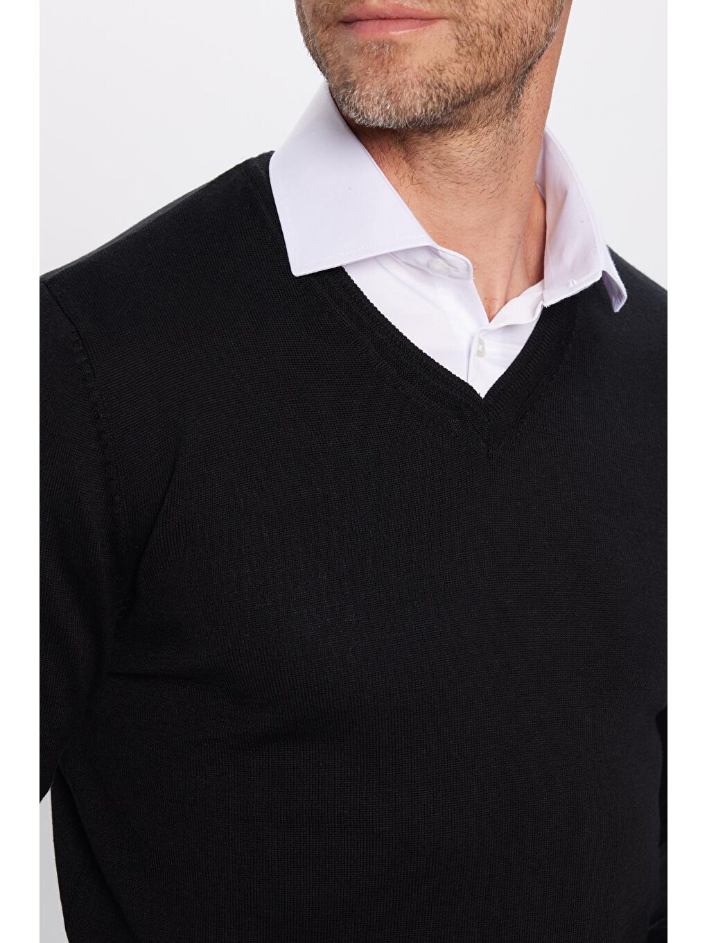 Erkek Standart Fit Normal Kesim V Yaka Pamuklu Siyah Triko Kazak-2