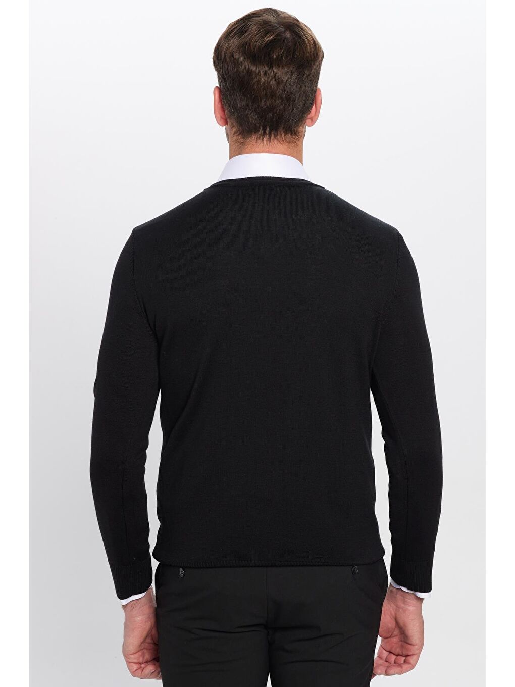 Erkek Standart Fit Normal Kesim V Yaka Pamuklu Siyah Triko Kazak-4