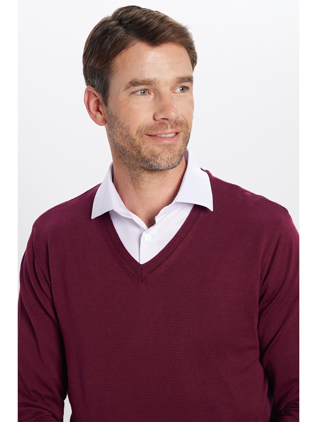 Erkek Standart Fit Normal Kesim V Yaka Pamuklu Bordo Triko Kazak-1