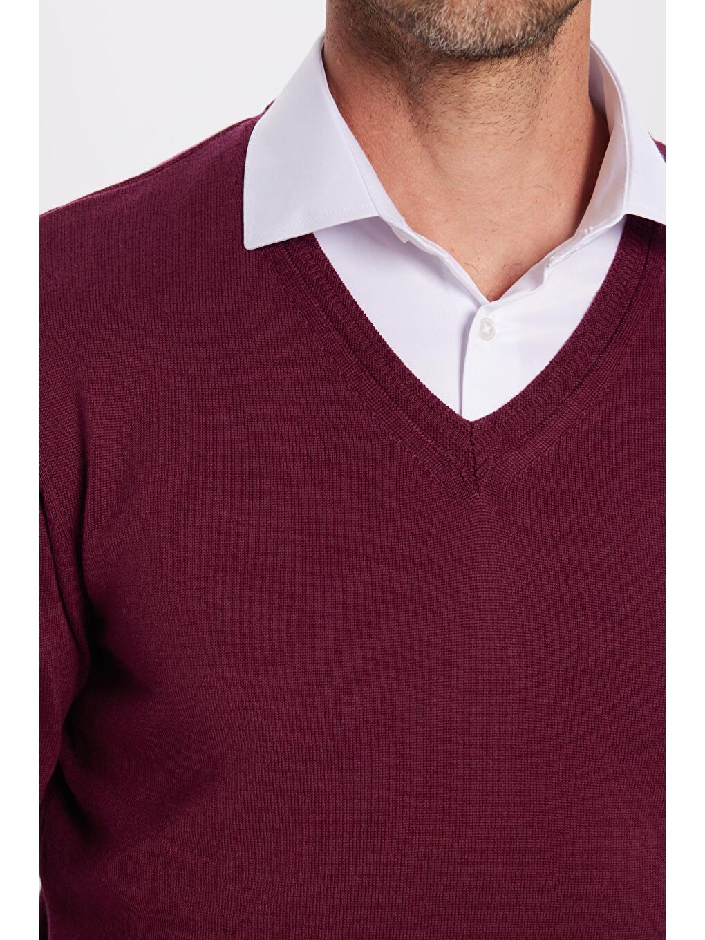 Erkek Standart Fit Normal Kesim V Yaka Pamuklu Bordo Triko Kazak-2