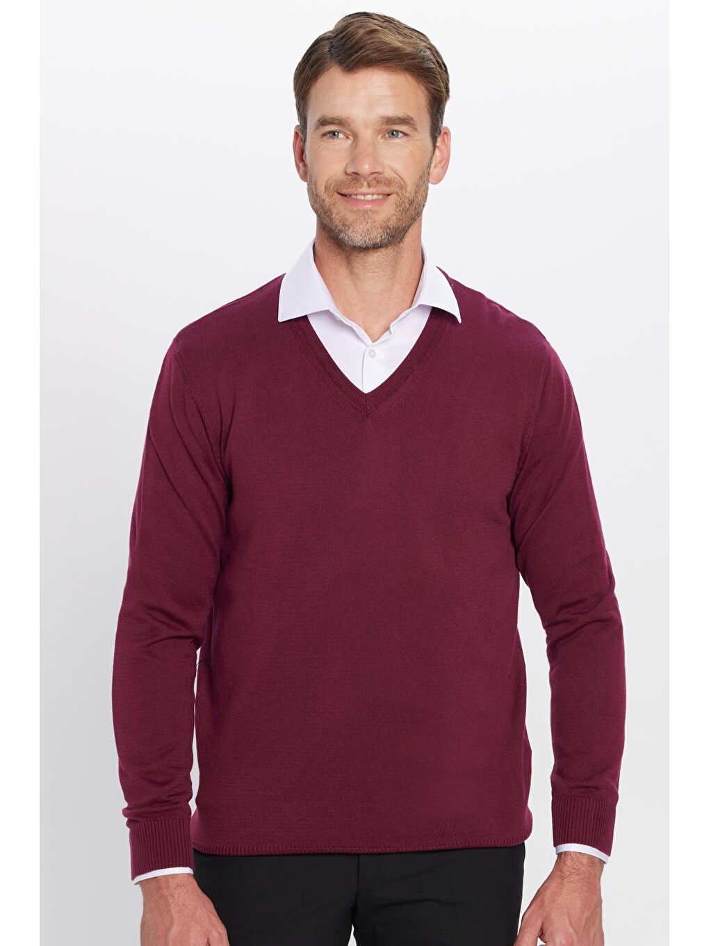 Erkek Standart Fit Normal Kesim V Yaka Pamuklu Bordo Triko Kazak-3