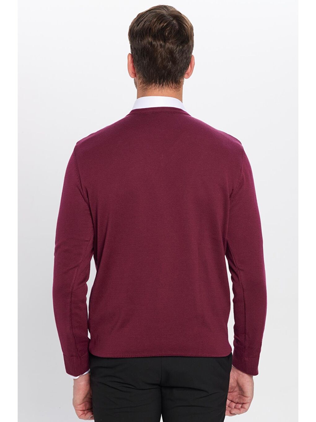 Erkek Standart Fit Normal Kesim V Yaka Pamuklu Bordo Triko Kazak-4