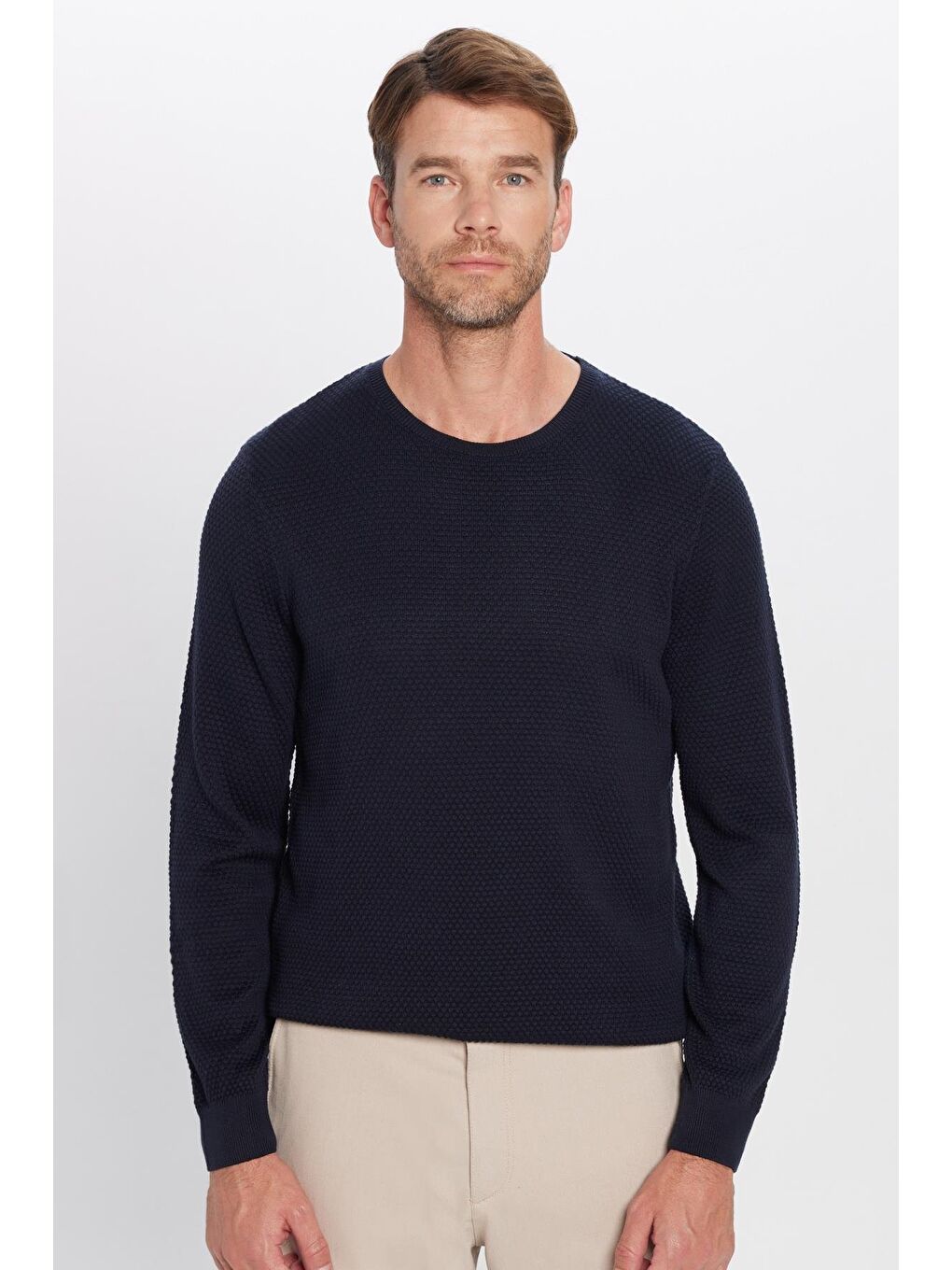 Erkek Standart Fit Normal Kesim Bisiklet Yaka Petek Desenli Lacivert Triko Kazak-1