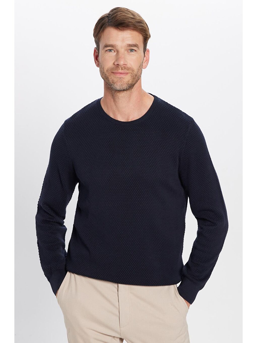 Erkek Standart Fit Normal Kesim Bisiklet Yaka Petek Desenli Lacivert Triko Kazak-3