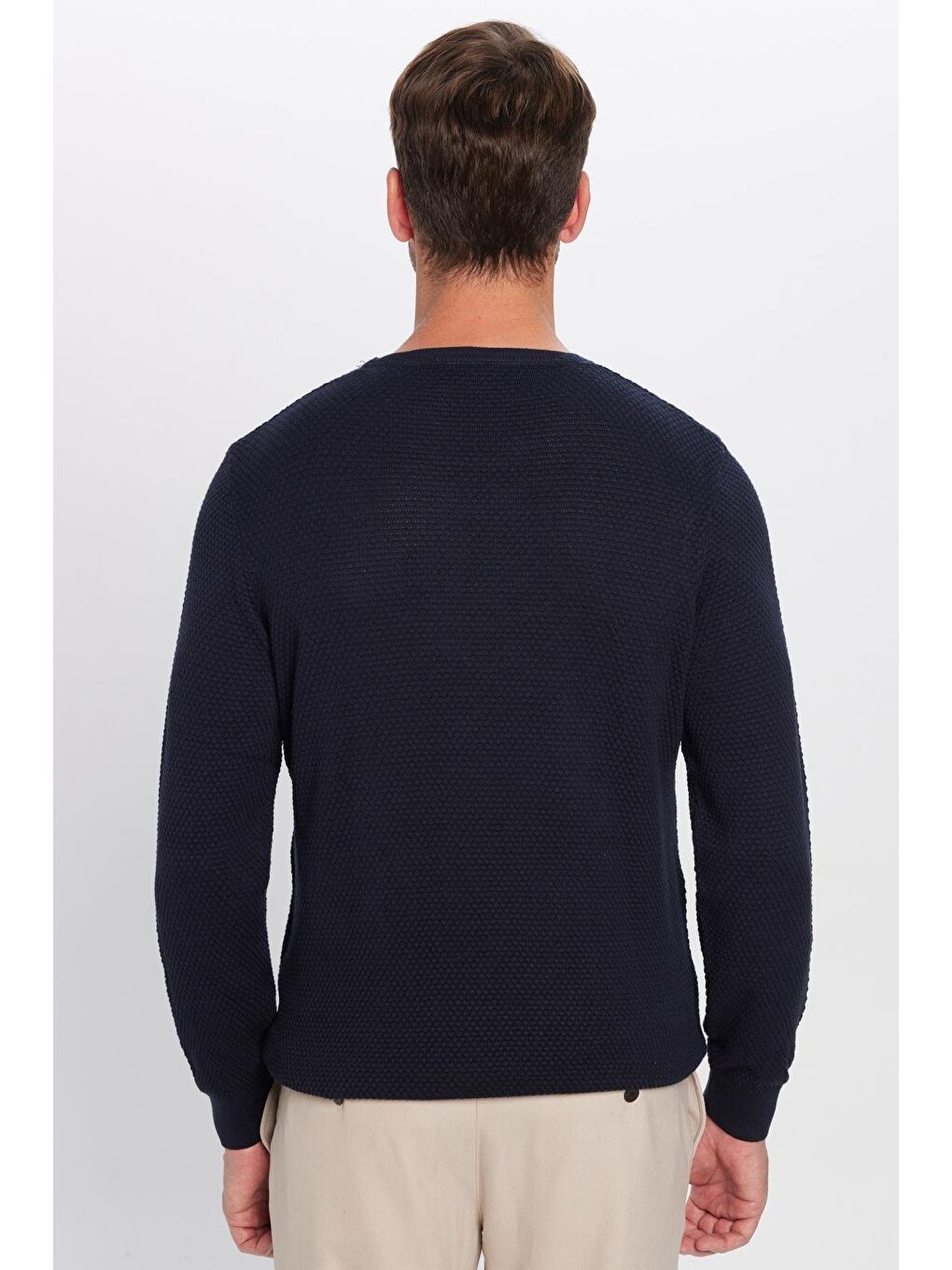 Erkek Standart Fit Normal Kesim Bisiklet Yaka Petek Desenli Lacivert Triko Kazak-4