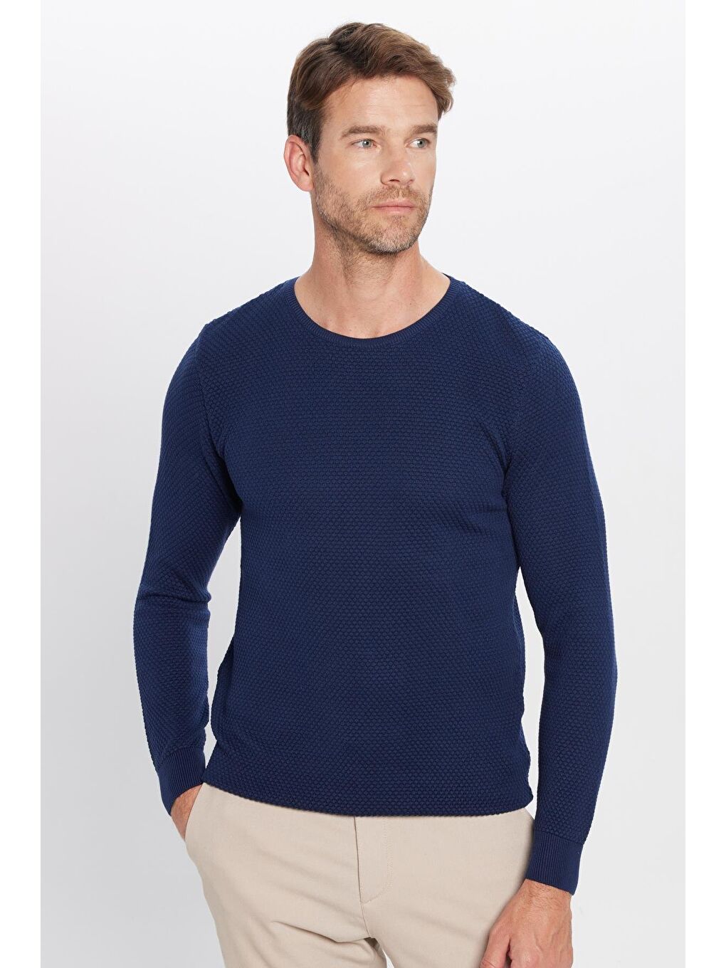 Erkek Standart Fit Normal Kesim Bisiklet Yaka Petek Desenli Mavi Triko Kazak-1