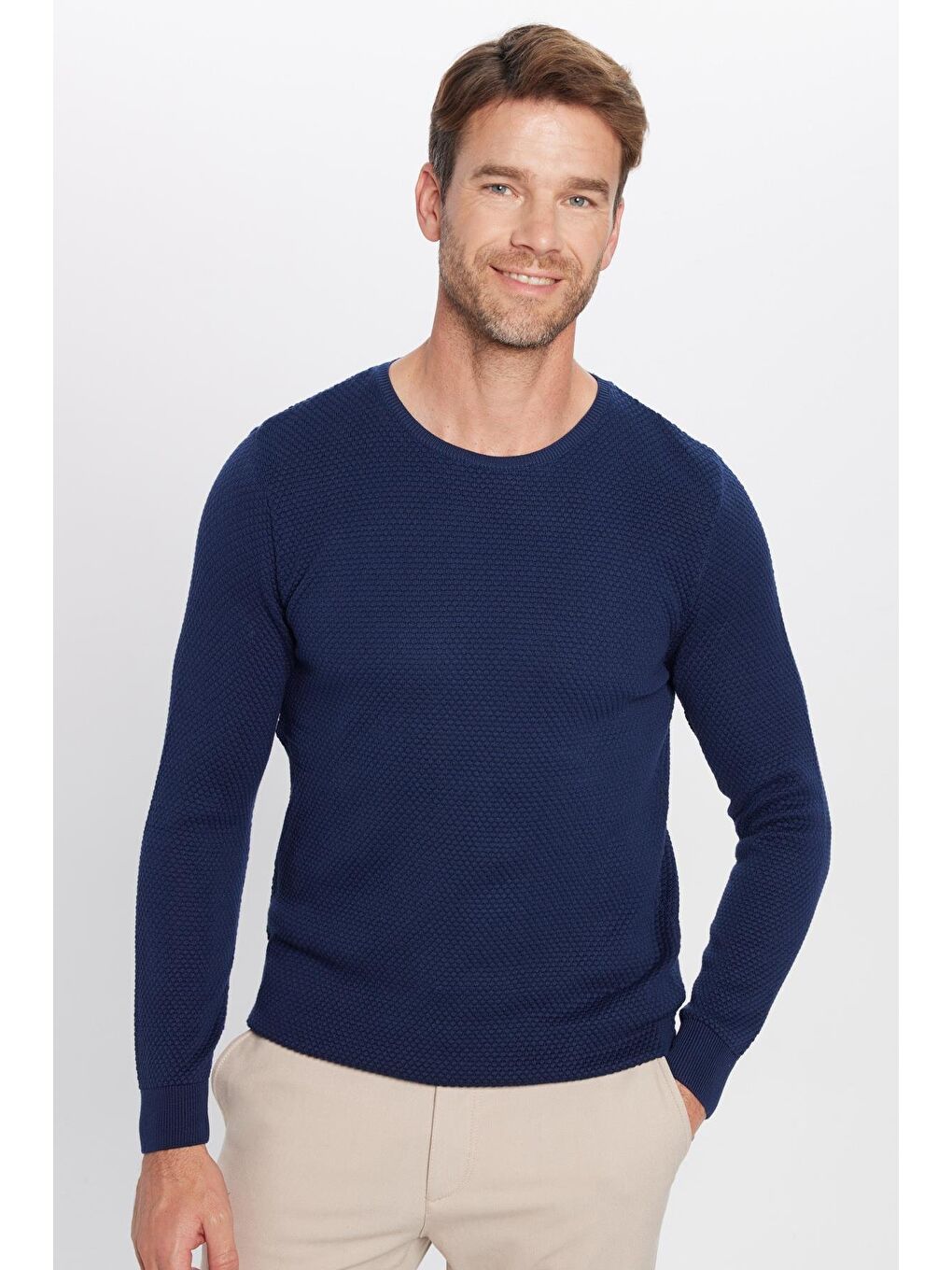 Erkek Standart Fit Normal Kesim Bisiklet Yaka Petek Desenli Mavi Triko Kazak-3