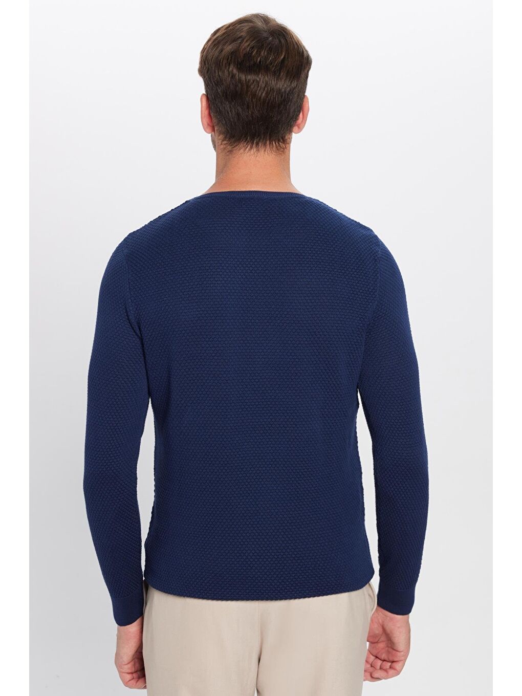 Erkek Standart Fit Normal Kesim Bisiklet Yaka Petek Desenli Mavi Triko Kazak-4