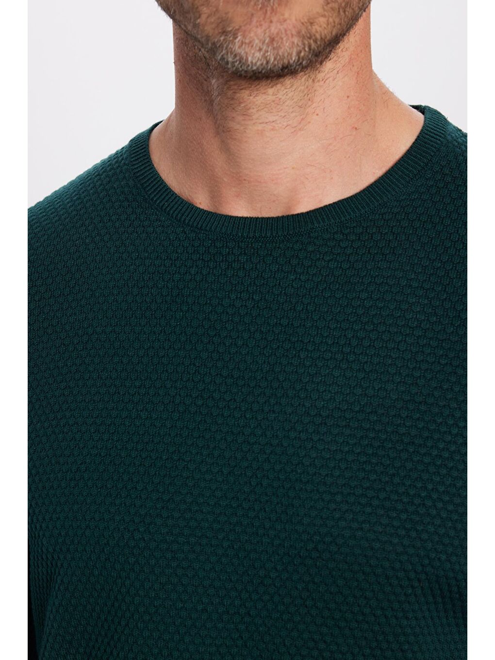 Erkek Standart Fit Normal Kesim Bisiklet Yaka Petek Desenli Yeşil Triko Kazak-2