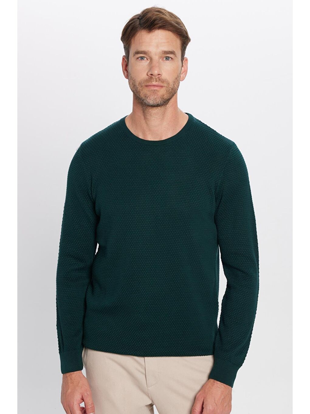 Erkek Standart Fit Normal Kesim Bisiklet Yaka Petek Desenli Yeşil Triko Kazak-3