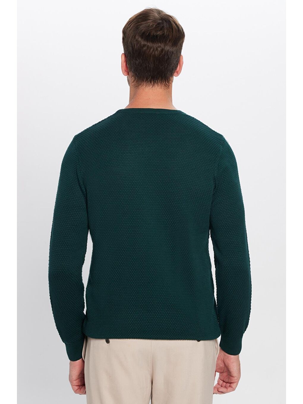 Erkek Standart Fit Normal Kesim Bisiklet Yaka Petek Desenli Yeşil Triko Kazak-4