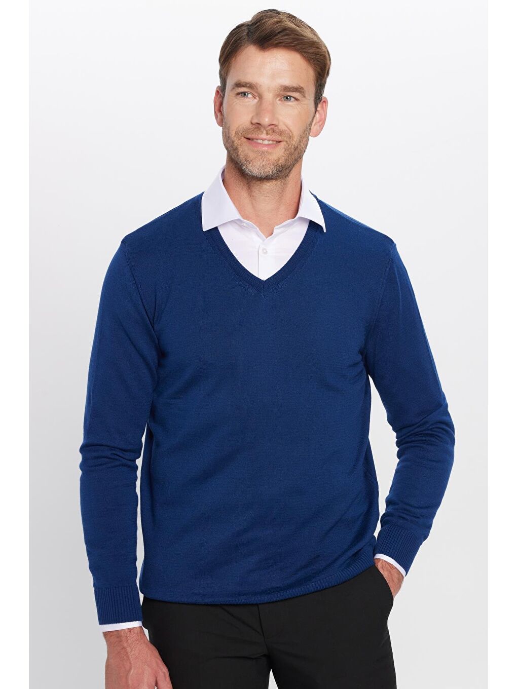 Erkek Standart Fit Normal Kesim V Yaka Pamuklu Mavi Triko Kazak-1