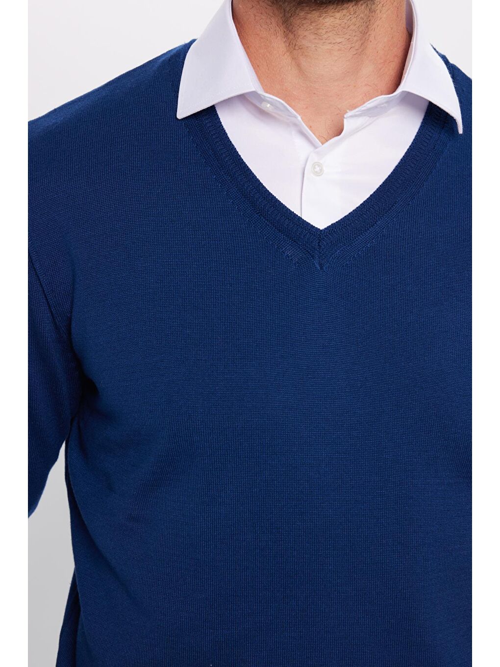 Erkek Standart Fit Normal Kesim V Yaka Pamuklu Mavi Triko Kazak-2