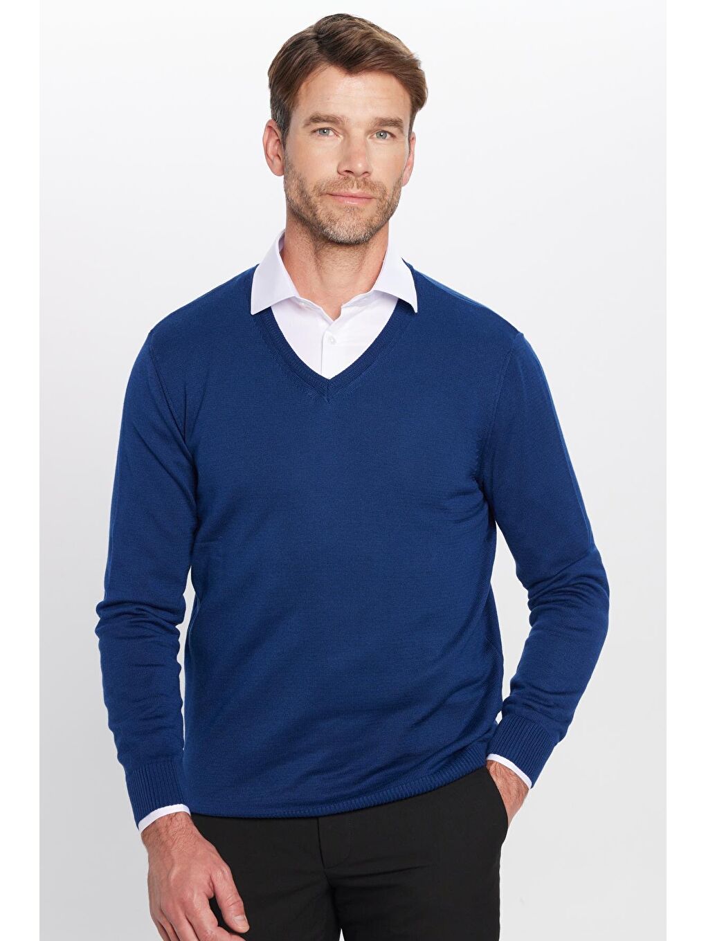 Erkek Standart Fit Normal Kesim V Yaka Pamuklu Mavi Triko Kazak-3