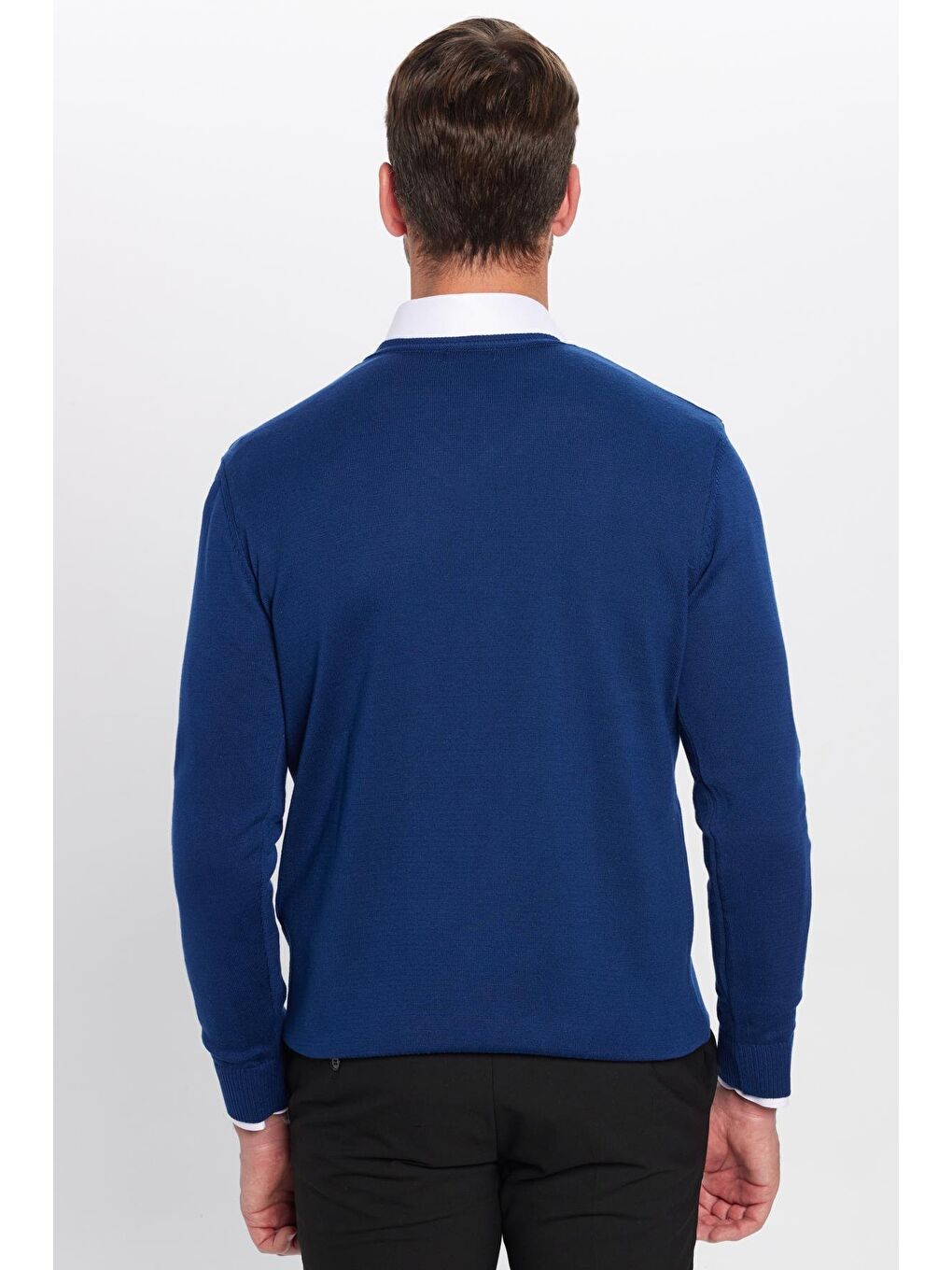 Erkek Standart Fit Normal Kesim V Yaka Pamuklu Mavi Triko Kazak-4