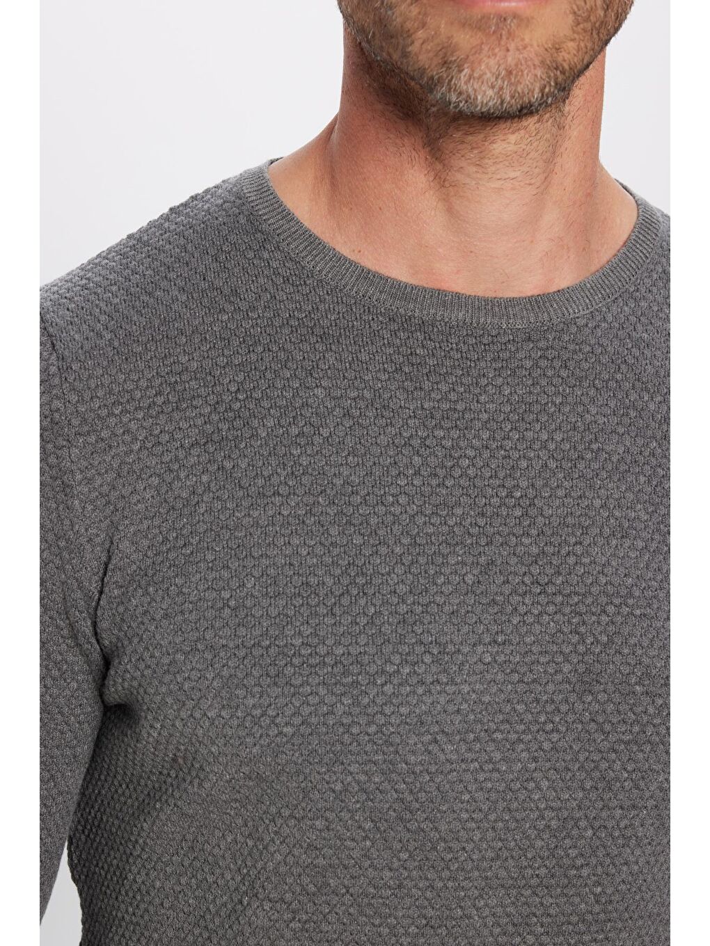 Erkek Standart Fit Normal Kesim Bisiklet Yaka Petek Desenli Gri Triko Kazak-2