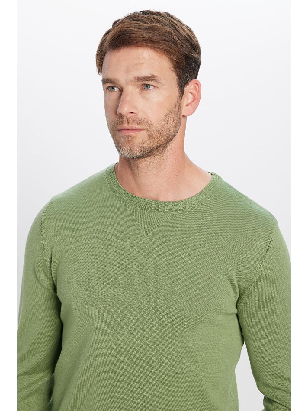 Erkek Standart Fit Normal Kesim Bisiklet Yaka Yeşil Triko Kazak