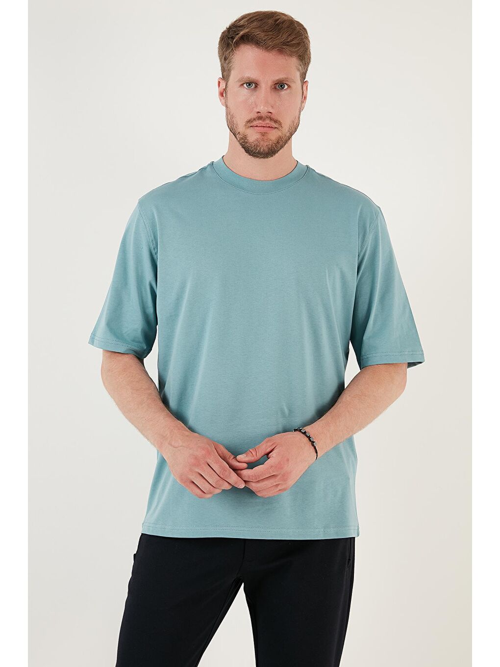 Mavi Pamuklu Oversize Bisiklet Yaka Basic Tişört-2