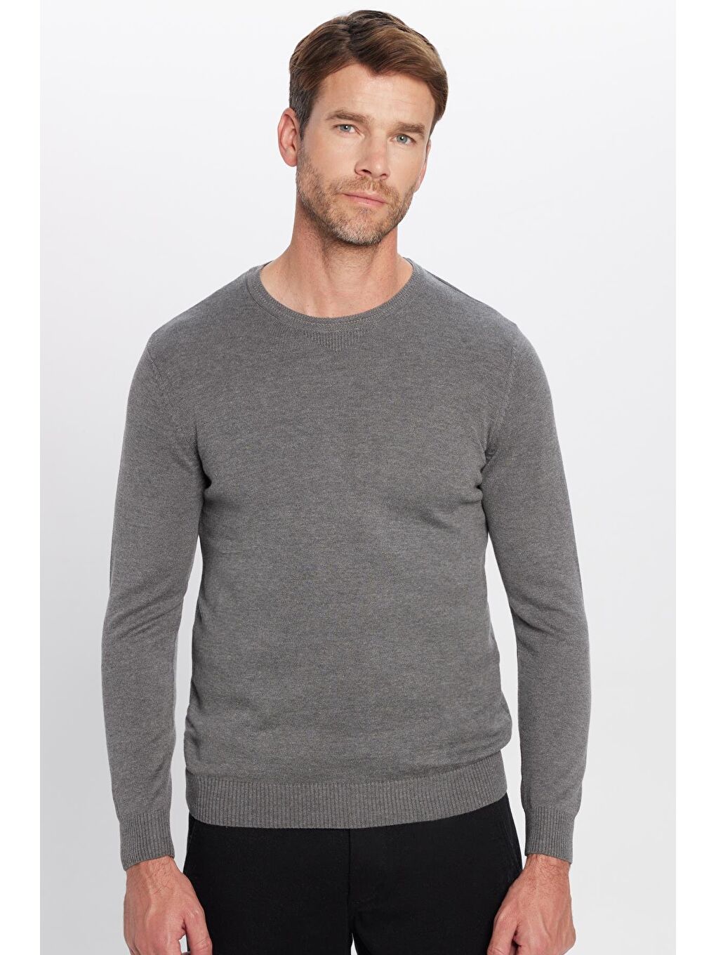 Erkek Standart Fit Normal Kesim Bisiklet Yaka Gri Triko Kazak-2