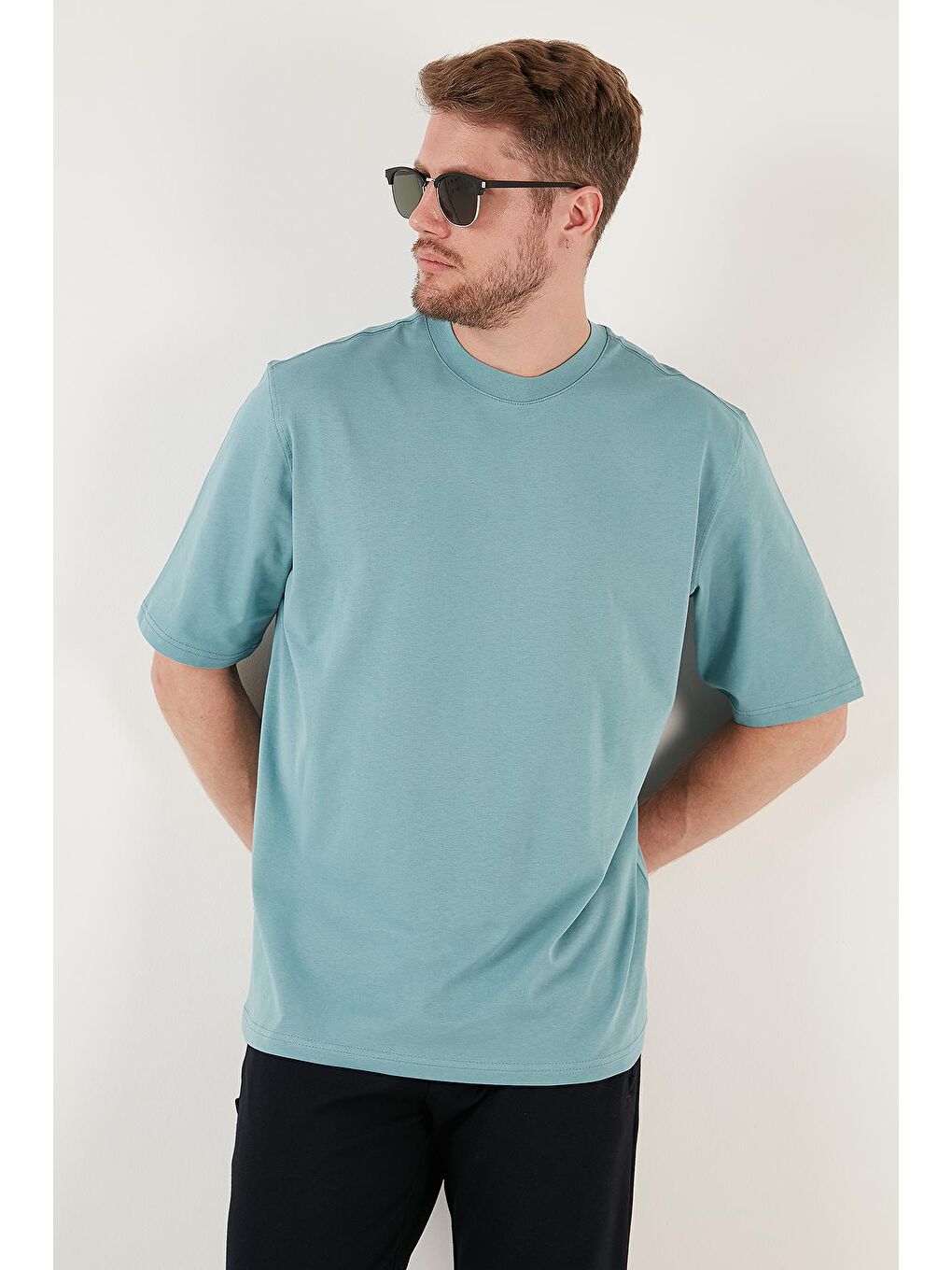 Mavi Pamuklu Oversize Bisiklet Yaka Basic Tişört-3