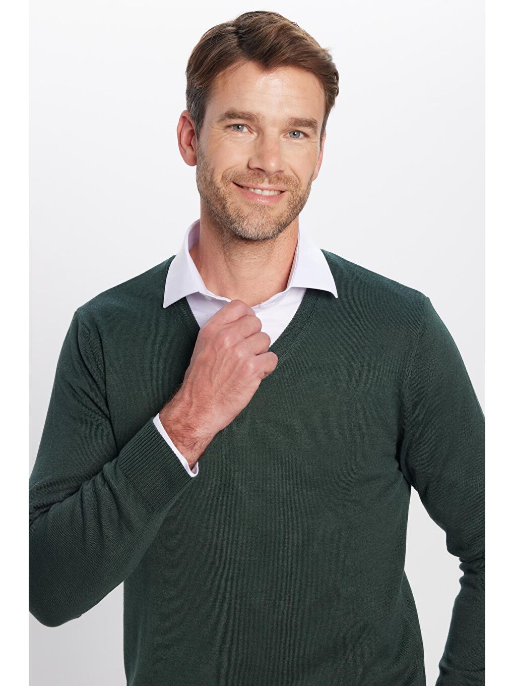 Yeşil Erkek Standart Fit Normal Kesim V Yaka Pamuklu Triko Kazak-1