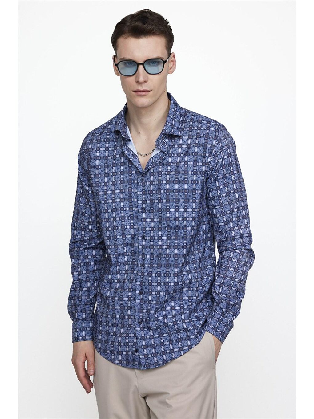 Siyah Slim Fit Dar Kesim Uzun Kollu Elastanlı Baskılı Yüksek Yaka Erkek Çok Renkli Gömlek