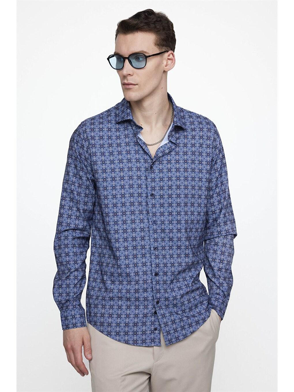 Siyah Slim Fit Dar Kesim Uzun Kollu Elastanlı Baskılı Yüksek Yaka Erkek Çok Renkli Gömlek-1