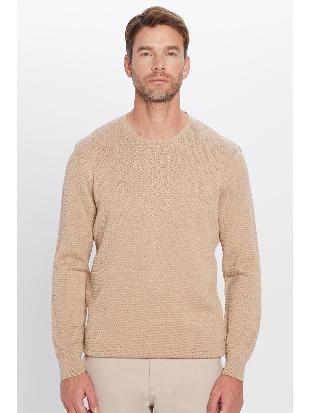 Ekru Erkek Standart Fit Normal Kesim Bisiklet Yaka Petek Desenli Krem Triko Kazak