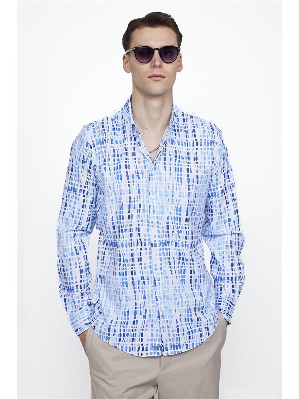 Siyah Slim Fit Dar Kesim Uzun Kollu Elastanlı Baskılı Erkek Mavi Gömlek