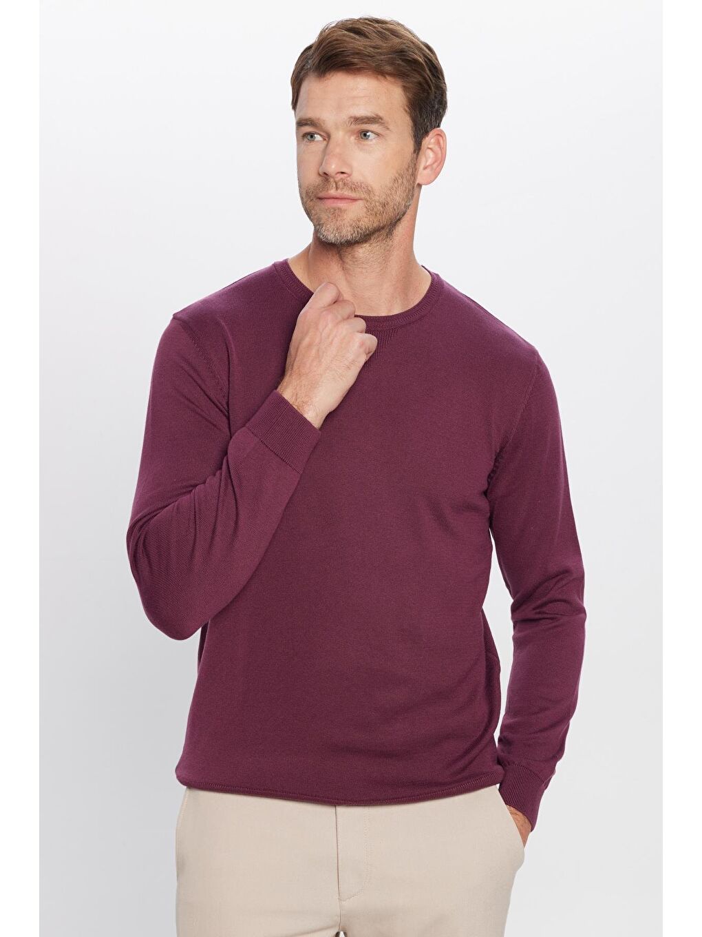 Erkek Standart Fit Normal Kesim Bisiklet Yaka Bordo Triko Kazak-1