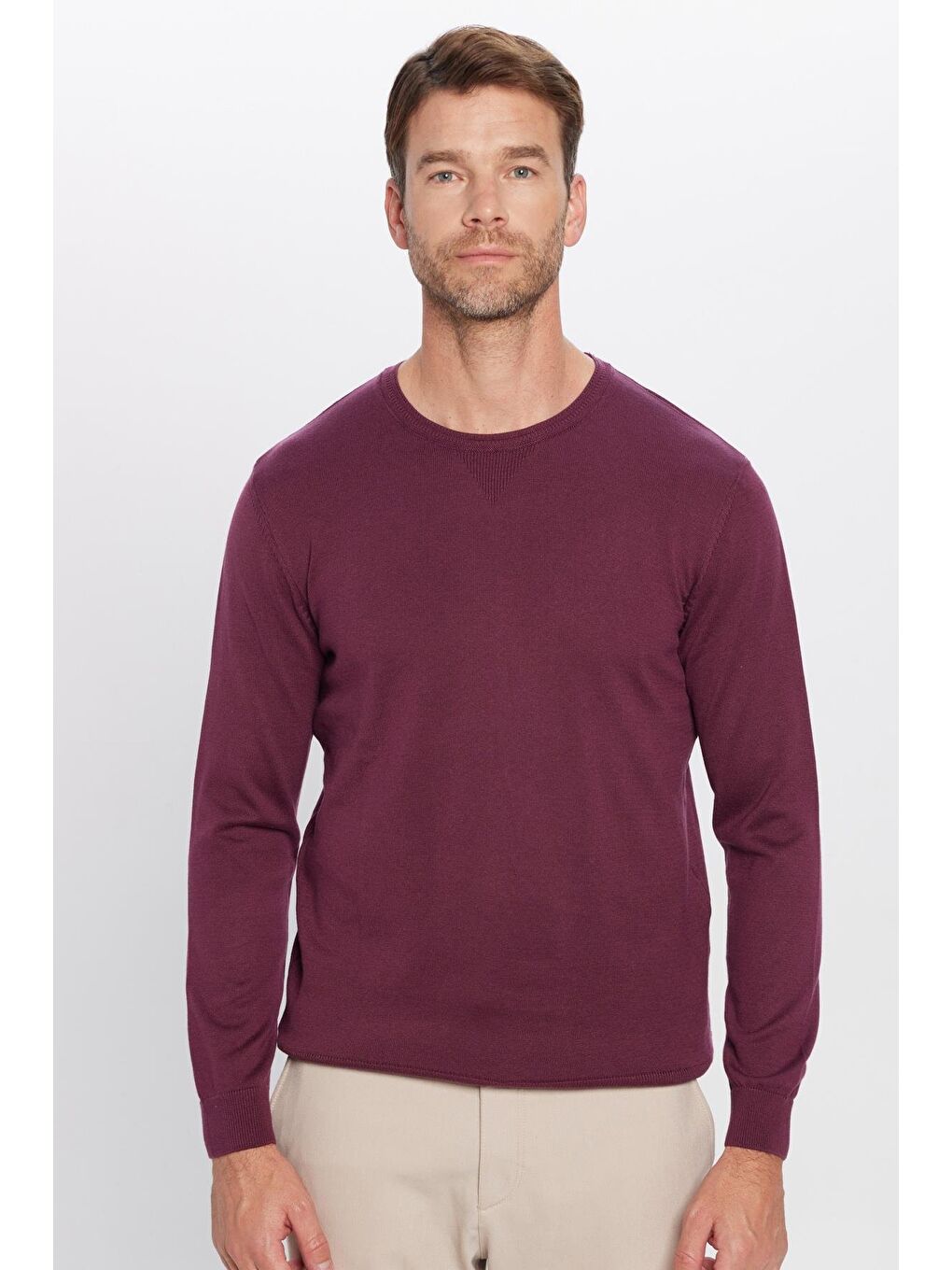 Erkek Standart Fit Normal Kesim Bisiklet Yaka Bordo Triko Kazak-3