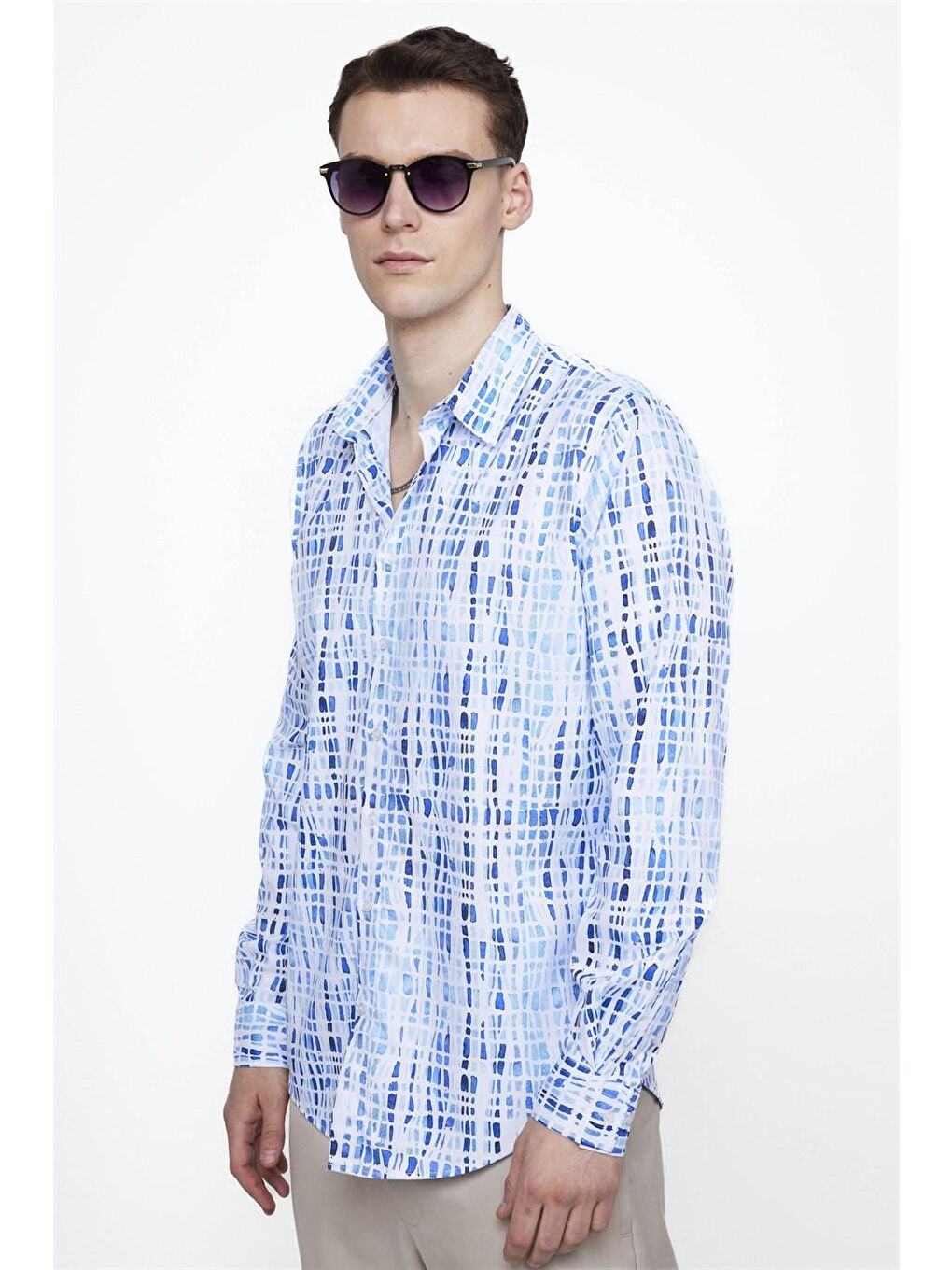 Siyah Slim Fit Dar Kesim Uzun Kollu Elastanlı Baskılı Erkek Mavi Gömlek-1