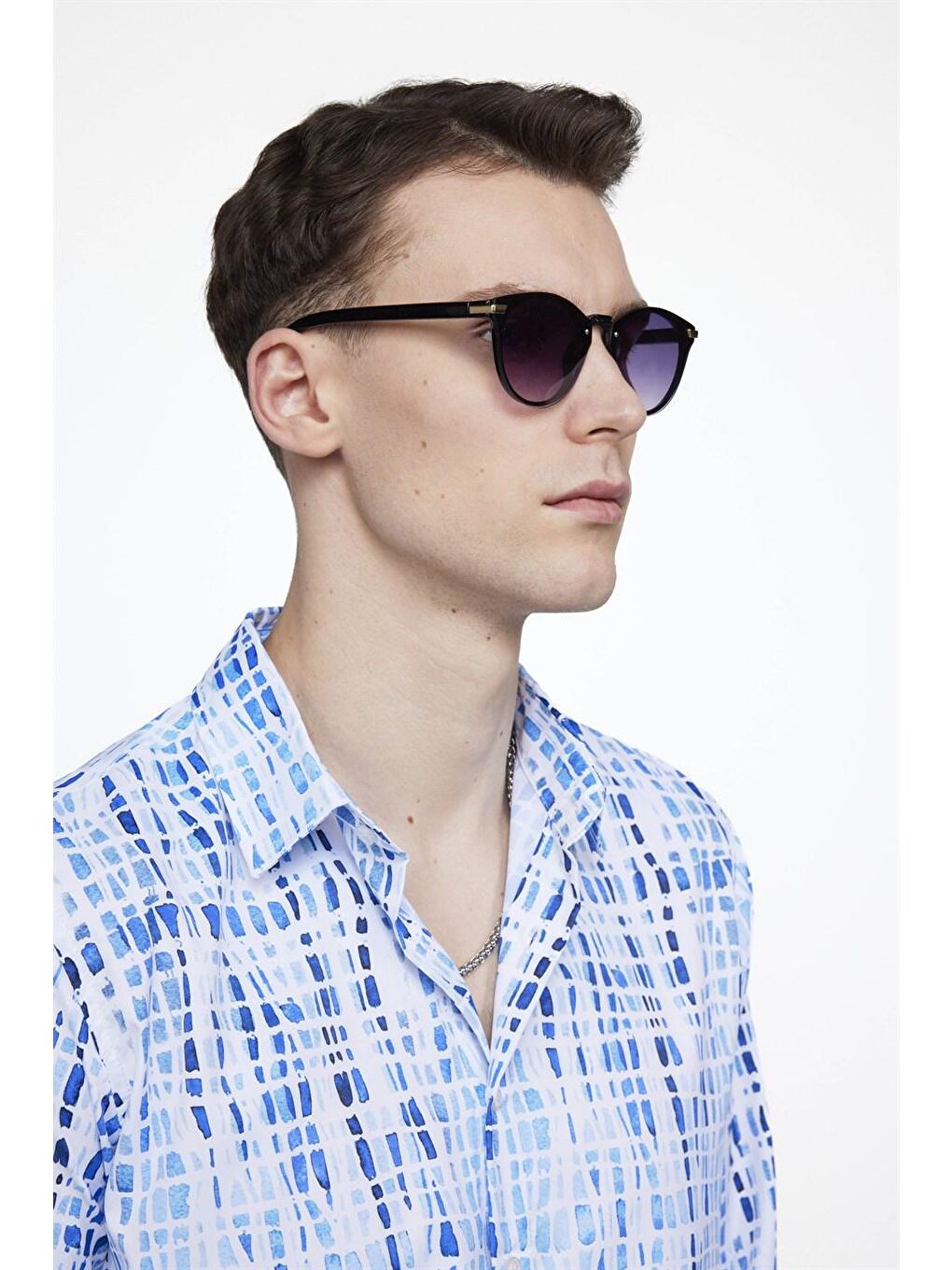 Siyah Slim Fit Dar Kesim Uzun Kollu Elastanlı Baskılı Erkek Mavi Gömlek-2