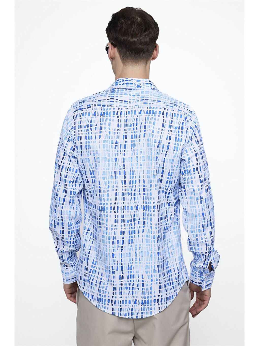 Siyah Slim Fit Dar Kesim Uzun Kollu Elastanlı Baskılı Erkek Mavi Gömlek-3