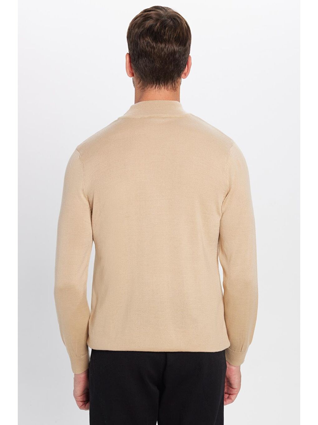 Bej Erkek Standart Fit Normal Kesim Yarım Balıkçı Yaka Düz Taş Triko Kazak-4