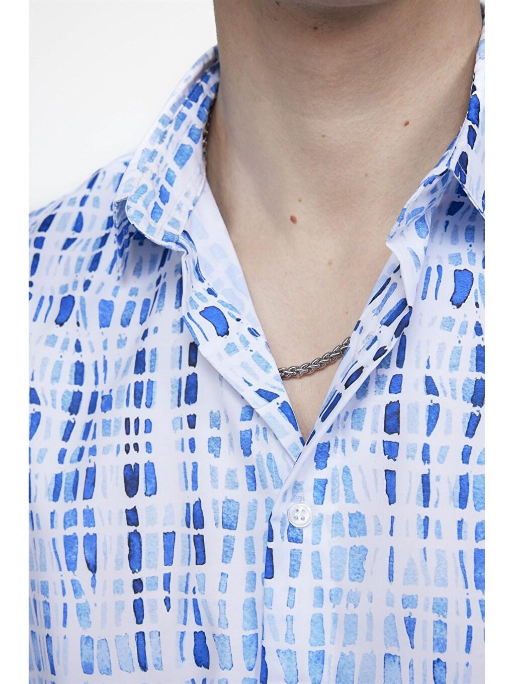 Siyah Slim Fit Dar Kesim Uzun Kollu Elastanlı Baskılı Erkek Mavi Gömlek-4