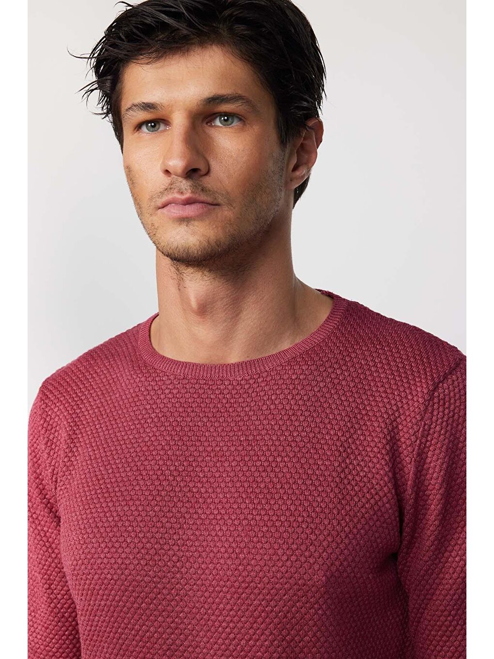 Erkek Standart Fit Normal Kesim Bisiklet Yaka Petek Desenli Bordo Triko Kazak-1